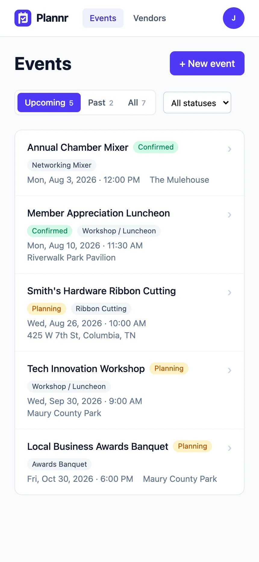 Plannr event list showing upcoming events with dates and venues