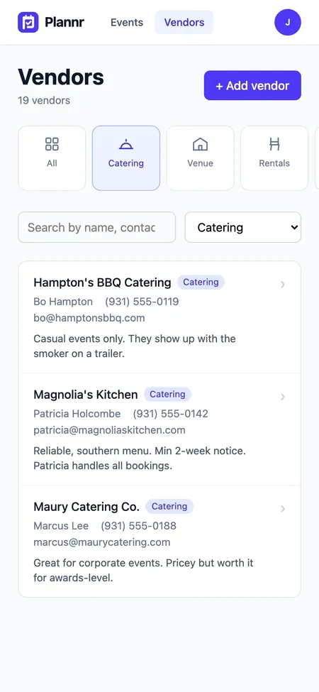 Plannr vendor directory filtered to caterers
