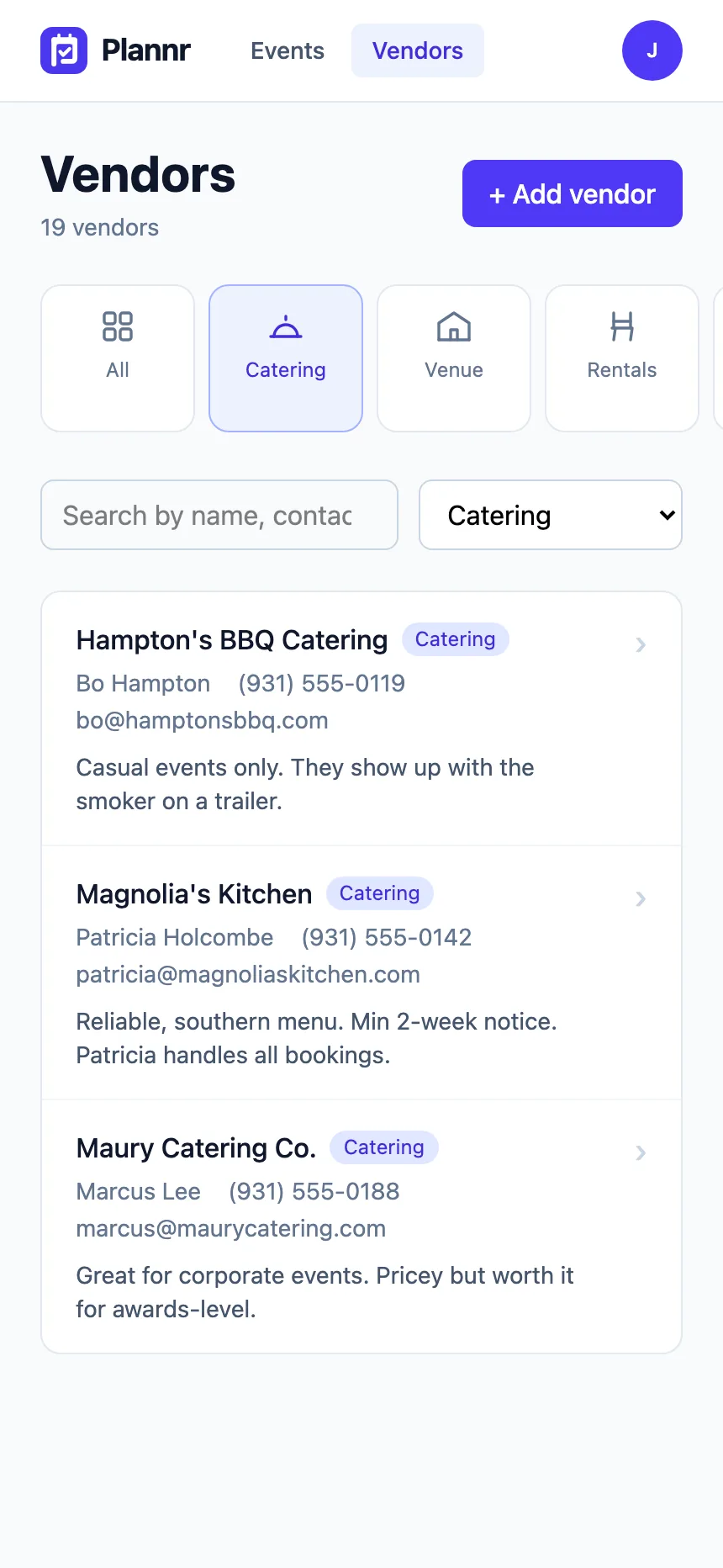 Plannr vendor directory filtered to caterers