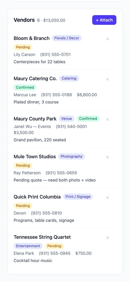 Six vendors attached to an event, each marked pending or confirmed with its cost